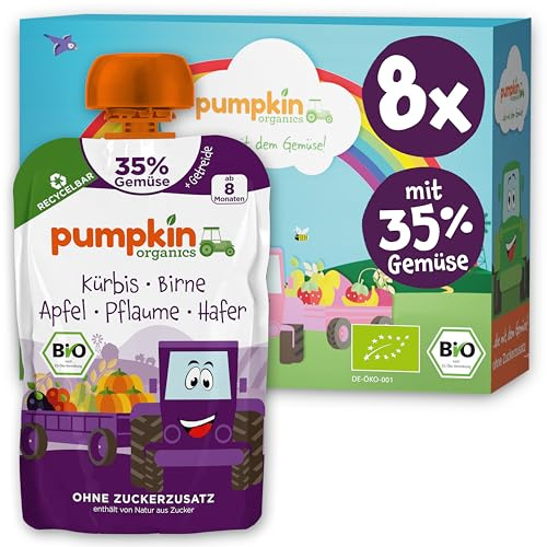 Pumpkin Organics Bio Gemüse-Getreide-Quetschies 8er Pack Kürbis, Birne, Apfel, Pflaume, Hafer ohne Zuckerzusatz¹ - ab 8 Monaten - als Snack oder Beikost für unterwegs (8x100g)