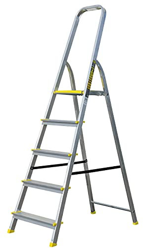 Bayersystem BS-DA5 120 - Escalera de 5 peldaños (Aluminio, soporta hasta 120 kg, Altura máxima de Trabajo de 2,99 m, con pasamanos, Patas Antideslizantes, para el hogar), Color Plateado y Amarillo