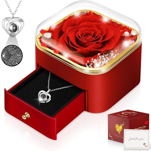 Hnustbo Regali per Donne, Mamma, Fidanzata, Moglie, Fiori Eterni, Rosa Stabilizzata Vera con Collana I Love You, Compleanno, Anniversario, San Valentino, Festa della Mamma, Natale
