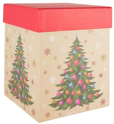Idena 30508 - Geschenkbox mit Deckel, Größe 18 x 18 x 22 cm, Schachtel in Braun und Rot mit Weihnachtsbaum