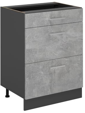 Vicco Küchenunterschrank R-Line, Beton, 60 cm mit Schubladen, ohne Arbeitsplatte, zur freien Kombination innerhalb modularer Küchensysteme