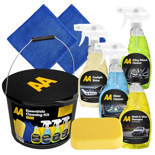 AA Car Cleaning Kit, 8-Piece Set with 4 Cleaners, Microfibre Cloths, Sponge and Bucket