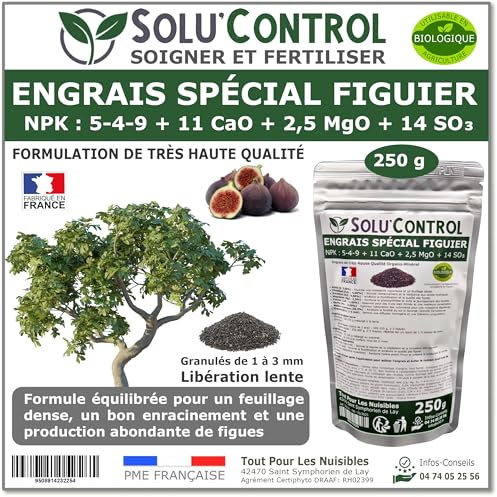 Engrais Spécial Figuier 250 g - SoluControl - NPK 5-4-9 - Croissance et Fructification - Riche en Calcium et Magnésium - Sachet Zip Refermable - Utilisable en Agriculture Biologique