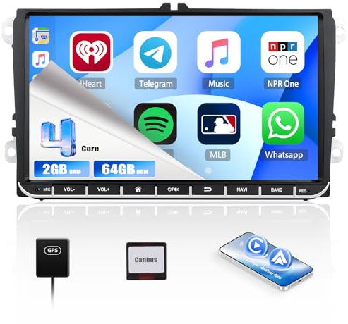 CAMECHO [2+64 GB] Android 15-baserad bilradio för VW Golf 5/6, Passat B6, Jetta, Caddy, Polo, T5, Tiguan, Seat och Skoda – med navigering, trådlös CarPlay