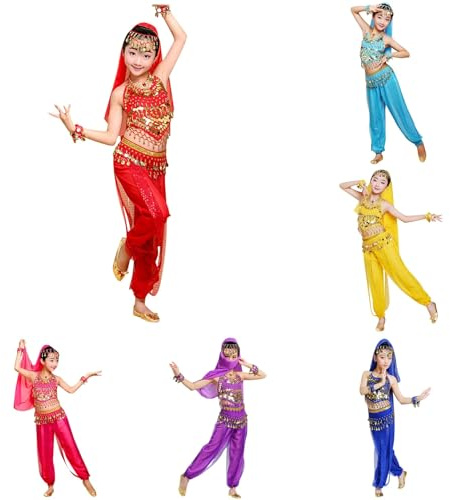 Generico 2025 Costume da Ballerina del Ventre, Costum Pantaloni Danza Bambina Vestito da Danza del Ventre per Bambina con Paillettes Abito Ballo Arabo Principessa Maniche Corta