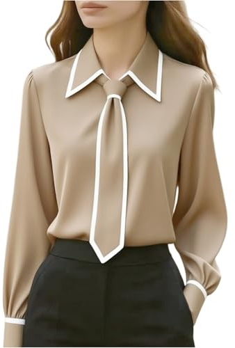 Women's Tie Neck Blouse Long Sleeve Collared Shirt Contrast Trim Detail Office Work Wear Casual Daily Top Loose Fit Pullover Button Down Peter Pan Collar Elegant Blouse Khaki