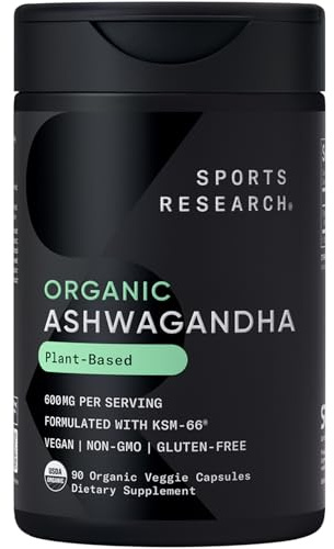 Sports Research® Organic Ashwagandha – Adaptogen for Relaxation, Calm & Sleep Support – Made with Organic KSM-66® – 600 mg – Non-GMO Verified, Gluten-Free, Certified Vegan – 90 Veggie Capsules