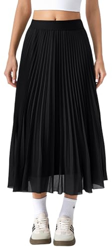 QINSEN Women's Elegant Chiffon Pleated Skirts A-line Swing Midi Skirts Elastic High Waist Soft Linging Black M