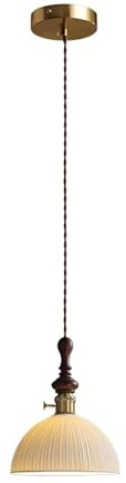 QGXBJFC White Vertical Stripe Round Ceramic Shade Chandelier E26/E27 Light Source Dining Room Bar Pendant Light Vintage Walnut Color Single-Head Hanging Lamp