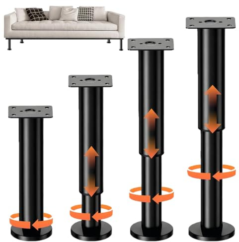Yowmina Pieds de Meubles Réglables, Réglables en Hauteur 25-42cm, 4 Pieds de Meubles Métal Noir, Pied Meuble, Pieds Universels Ajustables pour Meubles pour Canapé, Lit, Armoire, Table, avec Vis