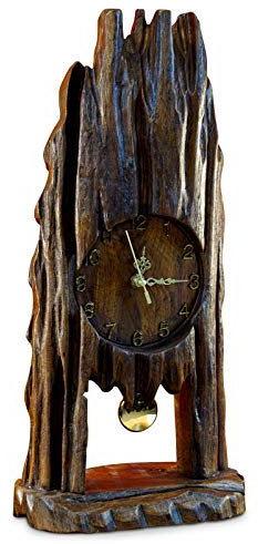 Kinaree Teak Wurzelholz Standuhr - 47cm Tischuhr Teak Holz - Kaminuhr aus Wurzelholz - Pendeluhr