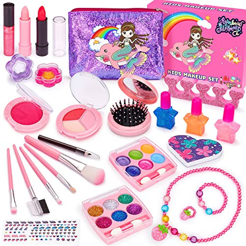 Chennyfun Blush Make-up-Set für Kinder, 25 Stück Waschbar Kosmetik Ungiftig Real Make Up Spielzeug Schminkset für Mädchen Kinder Mädchenspiele Rollenspiel Spielzeug Geschenk ab 3 Jahren