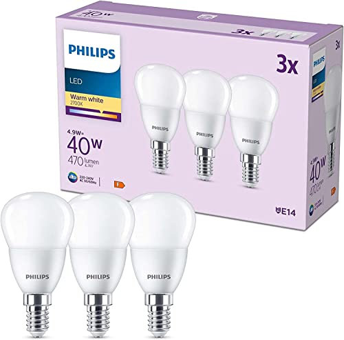 Philips LED E14 Sfera, confezione da 3 lampadine, equivalente a 40 W, lampadine LED smerigliate, Plastica, Luce Bianca Calda 2700K, LED a risparmio energetico con lunga durata