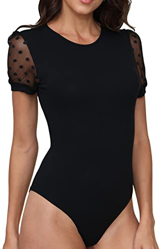 EKAMO Womens Bodysuit Round Neck Polka Dot Lace Sheer Mesh Short Sleeve Ribbed T Shirts Bodysuits Tops Jumpsuit