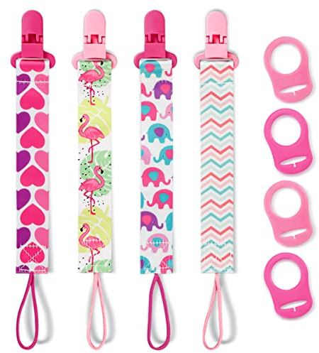 4 Pack Pacifier Holder Clips for Girls, Dummy Clips Girls with Adapters, Silicone Binky Clips for Baby Teething Toys Baby Shower