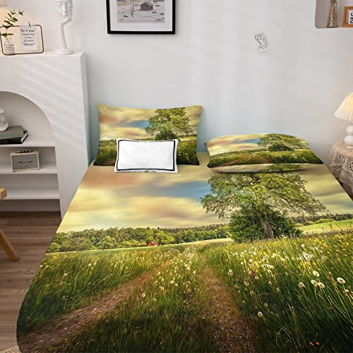 NOGAWA Natur Spannbettlaken 160x200cm, Spannbetttuch Baum Muster, Weiche Mikrofaser Boxspringbett Bettlaken geeignet für Matratzen von 30 cm Mit 2 Kopfkissenbezug 80x80 cm