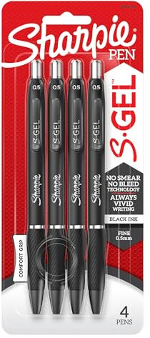 Sharpie S-Gel Pens | Fine Point 0.5mm | Black Ink | Pack of 4 | Retractable Gel Pens | Comfort Grip