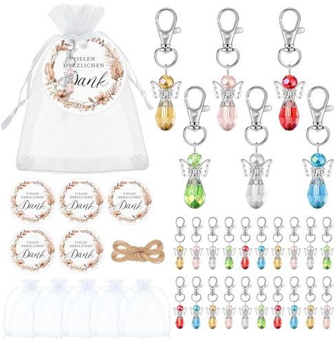 Otuuz 30 Sets Hochzeit Engel Geschenke inklusive 30 Dankeschön Anhänger mit Schnur 30 Schutzengel Anhänger 30 Organzasäckchen Gastgeschenke für Kommunion Taufe Konfirmation Mitgebsel (Bunt, 5 cm)