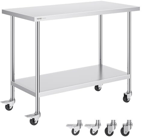 VEVOR Stainless Steel Work Table 24 x 48 x 38 Inch, with 4 Wheels, 3 Adjustable Height Levels, Heavy Duty Food Prep Worktable for Commercial Kitchen Restaurant, Silver