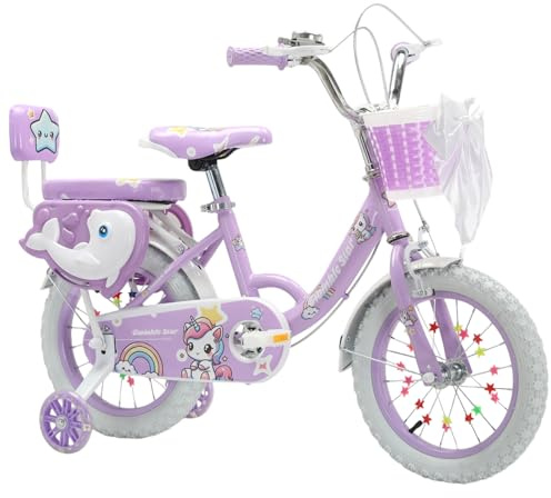 Touch of Venetian 12 14 16 Girls Children Bike with Stabilisers Wheels Bell Kids Bike for Ages 2-9 Years Old Pink Bicycle Multiple Colors Bow Pink Purple Unicorn Rainbow (Purple-Dolphin, 12 inch)