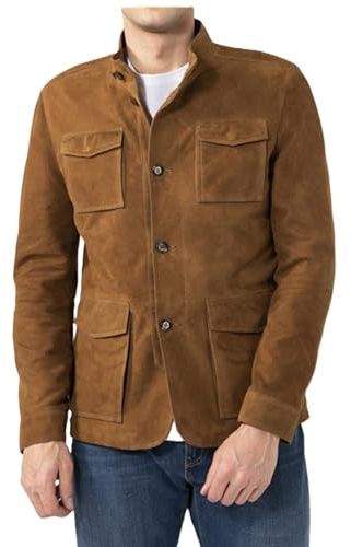 MERCH ATTIRE Chaqueta safari de ante marrón con cuatro bolsillos con solapa para hombre, Chaqueta militar tipo cargo de piel de ante negro, XS
