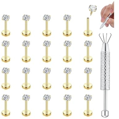 CASSIECA 20 st 16 g labret piercingsmycken, 316L kirurgiskt stål, labret, dubbar med CZ boll, 3 mm tragus, örhängen, helix brosk, näsa piercing smycken i silver, guld, vertikal labret 6/8/10 mm