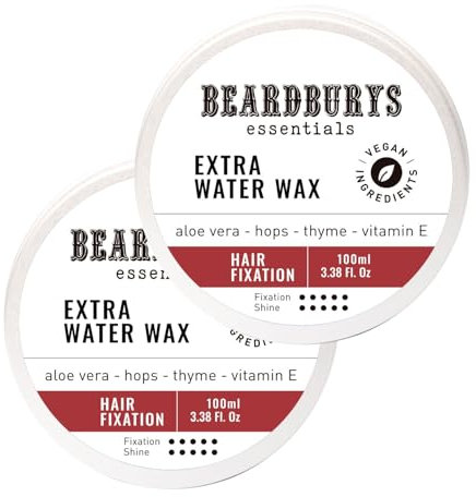 Beardburys Essentials Extra Water | Pack 2 Cera Pelo Hombre, Efecto Mojado, Fijación Alta, Acabado Brillo. Cuida tu pelo con Aloe Vera y Vitamina E, Natural y Vegana - 100ml