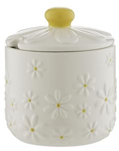 Price & Kensington Daisy Sugar Bowl | Ceramic Sugar Bowl with Embossed Daisy 3D Lid | Hand-Painted Yellow Handle | Cream Glaze | Kitchen Storage Bowl