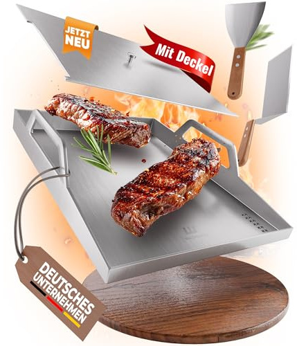 Waldmeister® BruzzPlate - Plancha Grillplatte 30x20cm [mit Griffen, praktischem Deckel, 2 Grillspachteln], Feuerplatte Edelstahl für Gasgrill & Holzkohlegrill - perfektes Grillzubehör