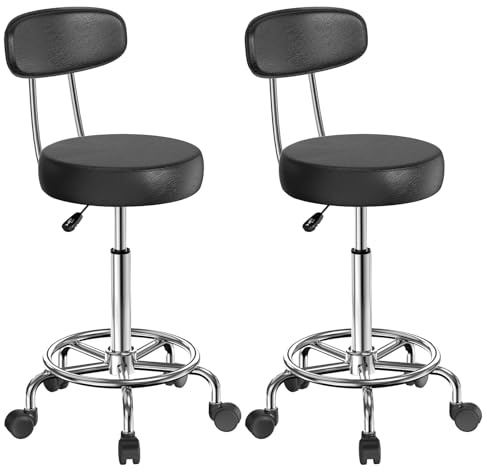 ARunThLana Lot de 2 Tabouret de Bureau avec Dossier,Tabouret à roulettes Rotation à 360°Hauteur Réglable 49-64cm,Tabouret de Travail chaises de Bar avec Roues, pour Salon de Massage, Bureau,Noir