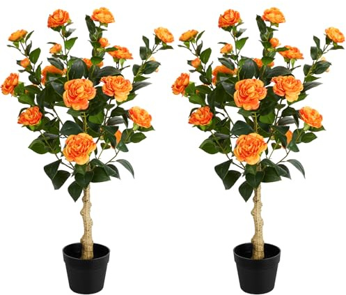 3FT Artificial Camellia Tree, 2 Pack Fake Camellia Tree Artificial Tree, Faux Floral Plants in Cement Pot, Greenery Potted Plant for Indoor Outdoor Home Office Porch Decor (Orange)