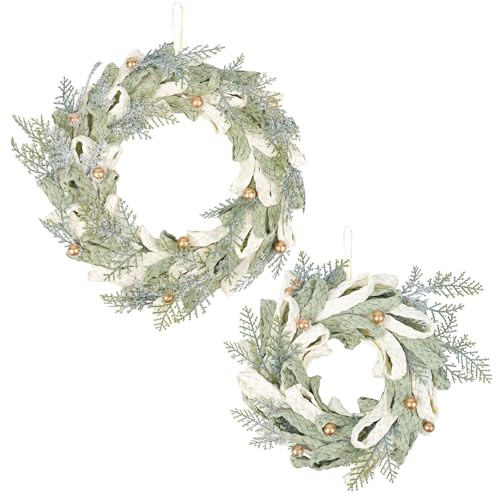 2PCS Hand Woven Christmas Wreath Decor, Set of 11 Inch and 8 Inch Mini Wreath with Golden Berries, Farmhouse Winter Decor for Front Door, Mantel, Staircase, Table Centerpiece Holiday Home Decor