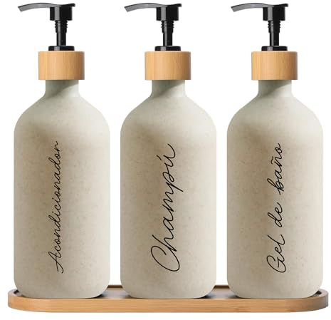 Dispensador De Jabón Baño Kivora – Set De 3 Botes para Gel Y Champú con Base De Bambú, Dosificador Jabón Baño 500 ml, Botes Baño Rellenables para Ducha Y Encimera (Trigo)
