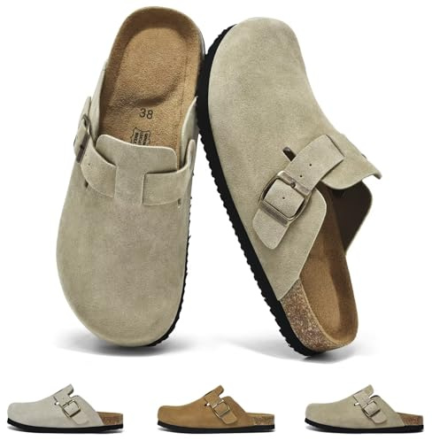 Wizshoe Zuecos y Mules para Mujer Pantuflas con Plantilla de Corcho Zapatillas de Jardín Cómodas Sandalias con Hebilla Ajustables Mules Cerradas Zapatillas Casa Antideslizante Beige 40EU