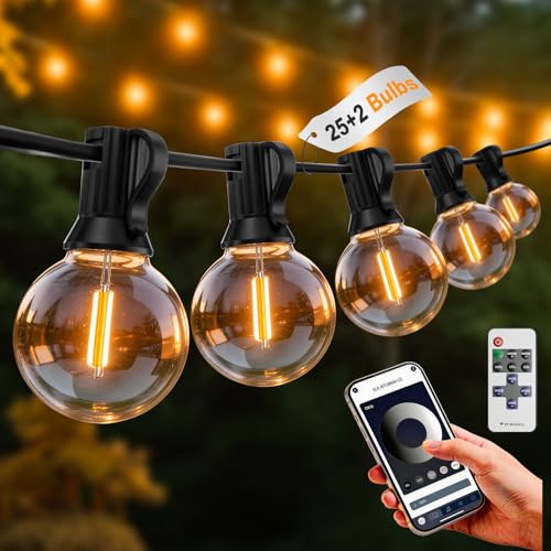 G40 Guirlande Lumineuse Exterieure Intérieur mit APP Contrôle & Télécommande Dimmable, Guirlande Guinguette Exterieur 23,5M 25+2 Étanche Incassables Ampoules pour Terrasse Jardin Mariage Fête