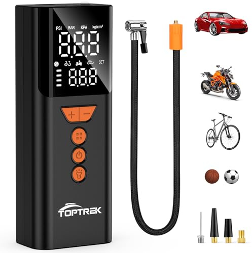 toptrek Cordless Tyre Inflator Air Compressor, 150 PSI Portable Electric Tyre Pump with Preset Value, Auto Shutoff & LED Light, 4000mAh Digital Air Pump with Power Bank for Car/Motorcycle/Bike/Ball