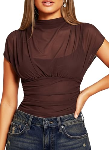 HAWILAND Women Draped Sheer Mesh Cap Sleeve High Neck Ruched Crop Tank Top