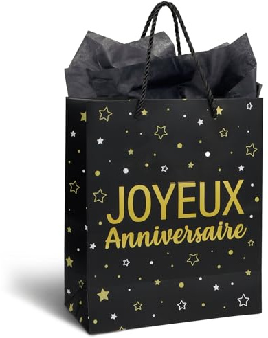Sac Cadeau Anniversaire Noir Or et 2 Feuilles Papier de Soie Emballage Cadeau Joyeux Anniversaire 21 x 10 x 25 cm
