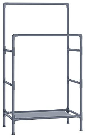 SONGMICS Kleiderständer, Garderobenständer aus Metall, mit 2 Kleiderstangen, 1 Ablage, bis 55 kg belastbar, einfache Montage, grau RDR001G02