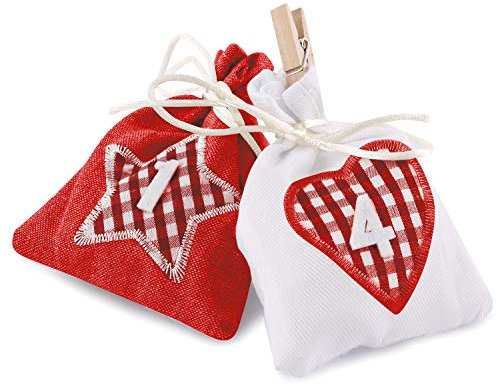 pajoma® Adventskalender zum Befüllen Karo Rot | 24 Stoffbeutel mit Klammern & Schnur - Wiederverwendbare Geschenksäckchen Weihnachten - DIY Weihnachtskalender zum Selbstbefüllen