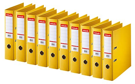 Esselte | Classeur à levier A4 Standard | Lot de 10 | Capacité 550 feuilles | Dos 75 mm |PP | Griffes de blocage | Étiquette de dos interchangeable | Bureau, Ecole, Maison | Jaune | 320270