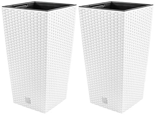 PAFEN 2X Rattan Blumentopf 7L – 17 x 17 x 32,5 cm - Pflanzkübel mit Einsatz Blumenkübel hoch Pflanztopf Kunststoff, Weiß