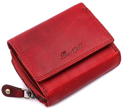 Benthill Kleine Geldbörse Leder RFID | Minibörse mit Münzfach & Scheinfach | Damen & Herren Mini Portemonnaie Echt Leder inkl. Geschenkbox,Farbe:Rot