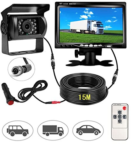 Cámara Trasera de Coche de señal HD, Monitor de 7 y Camara de Marcha Atras Impermeable Visión Nocturna, 170 ° Ajuste Gran Angular para RV Bus Remolque Camión Furgoneta