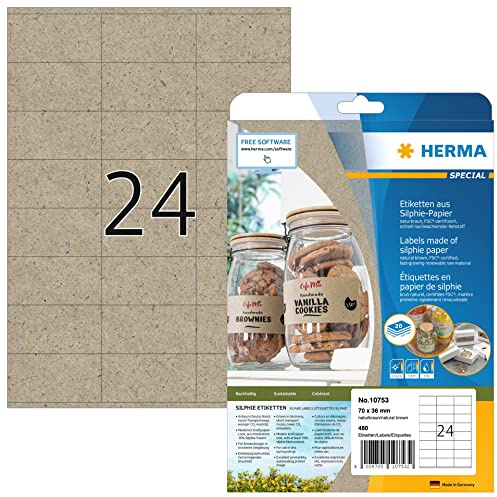 HERMA 10753 Adressetiketten aus Graspapier, 20 Blatt, 70 x 36 mm, 24 pro A4 Bogen, 480 Stück, selbstklebend, bedruckbar, matt, blanko Silphie-Papier Adressaufkleber Etiketten, natur-braun