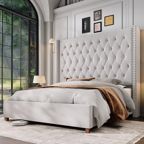 Jocisland King Size Bed Frame 61.4 Extra Tall Wingback Headboard Velvet Upholstered Deep Button Tufted Platform Bed with Solid Wood Legs & Wood Slats, No Box Spring Needed, Cream