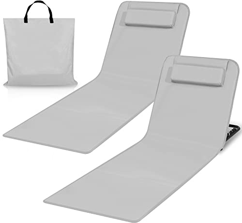 Cecaylie 2er Set Faltbare Strandmatte, Tragbar Strandliegen mit Rückenlehne, Strandstuhl 5-stufige Verstellbar, Klappbar Strandliege für Strand, Camping- Hellgrau