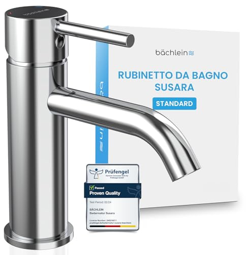Bächlein Badarmatur Susara mit gebogenem Auslauf, Design Einhebelmischer mit langlebiger Keramikkartusche und Montage-Set, Bad Wasserhahn Chrom