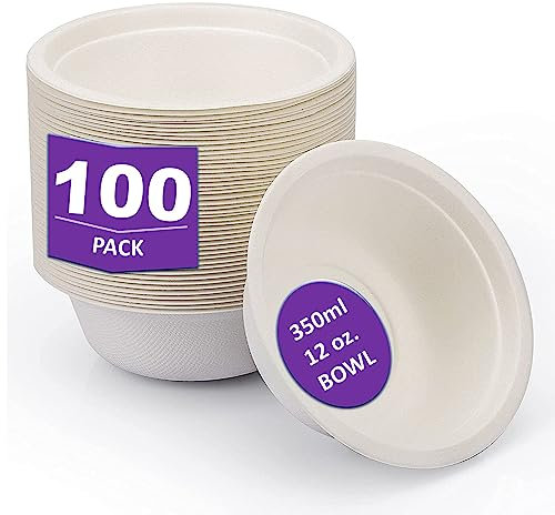 DEcorative Concepts UK 100 Pack Super Rigid Disposable Paper Bowls Sugercane Biodegradable and Compostable White (340ml 100 Pack)