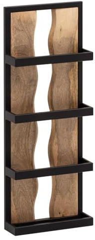 Wohnling Wandregal 30x80x10 cm Mango Massivholz/Metall Hängeregal Industrial, Design Schweberegal Rechteckig, Regal Hängend Wohnzimmer, Holzregal Wand mit 4 Ablagen & Wellenmuster